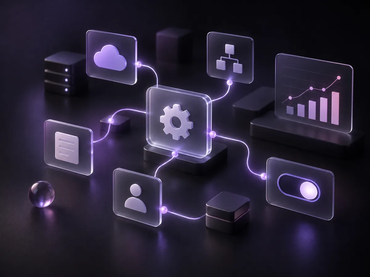 Flujo tridimensional de automatización con nodos conectados, gráficos y controles violetas