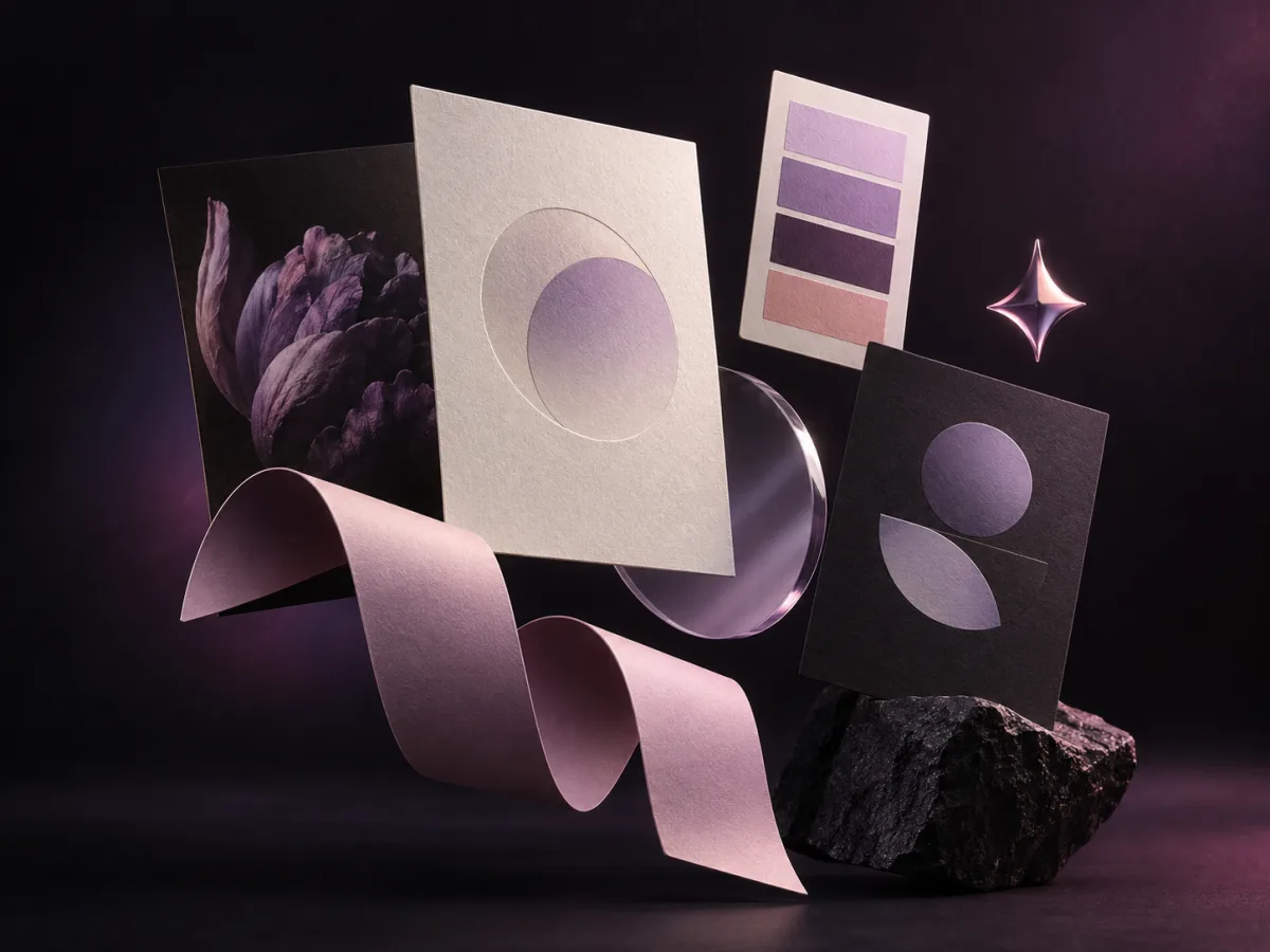 Composición editorial tridimensional con tarjetas, muestras de color y papeles en tonos violeta