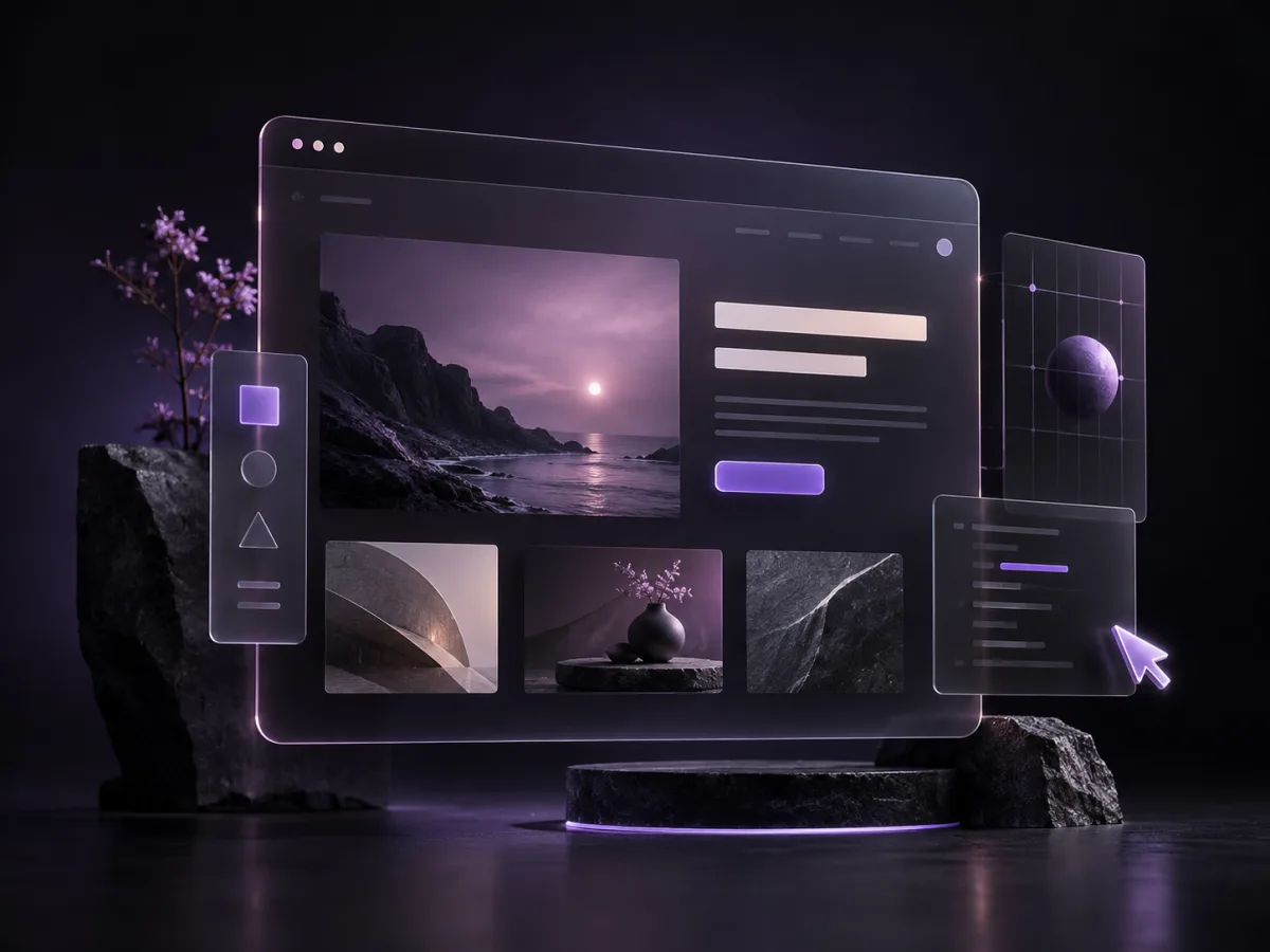 Composición tridimensional de una interfaz web oscura con paneles y cursor violeta