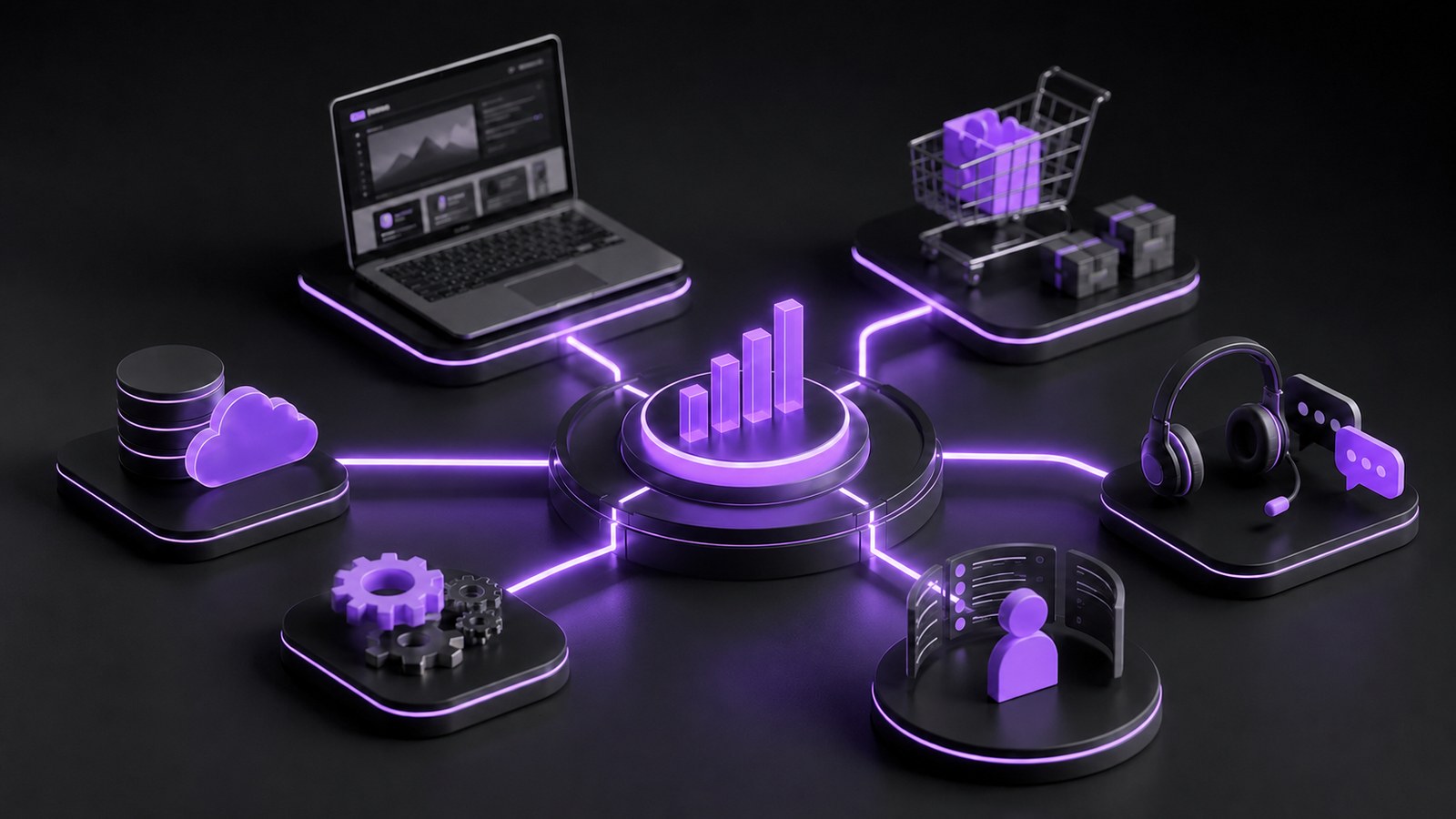 Ecosistema digital conectando web, tienda, CRM y atención al cliente